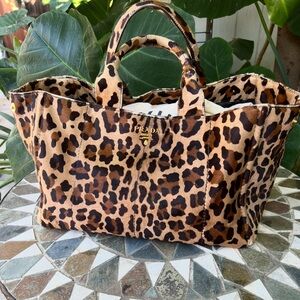 Prada calf hair leather leopard print tote bag Cavallino Canapa